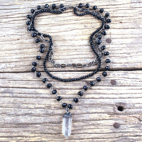Black Beaded 3 Layer Necklace w/Crystal - Evelie Blu Boutique