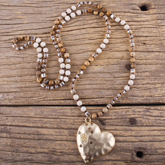 Long Heart Pendant Beaded Necklace